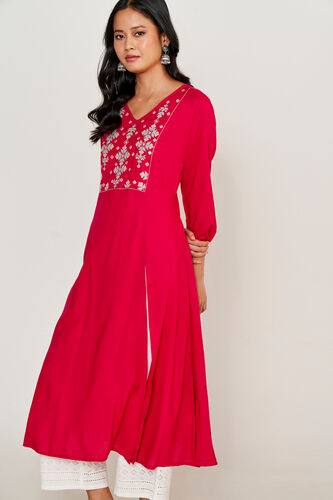 Red Solid Embroidered Fit And Flare Kurta, Red, image 1